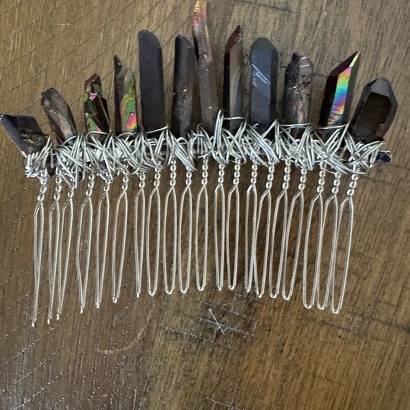 Wire Wrapped Smoky Rainbow Quartz Crystal Handmade Hair Comb - Picture 4 of 4